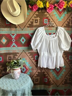 Old Navy White Peasant Blouse with Puff Sleeves